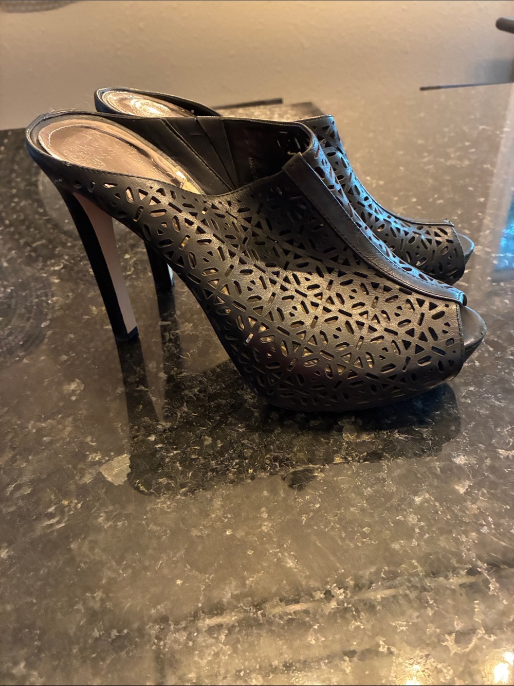 Vince Camuto Black Laser-Cut Peep-Toe Heel Mules